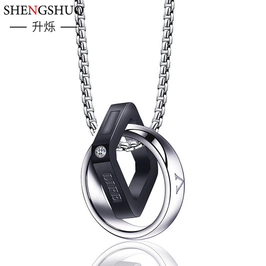 Men Double Ring Titanium Steel Necklace Silver Chain 60cm