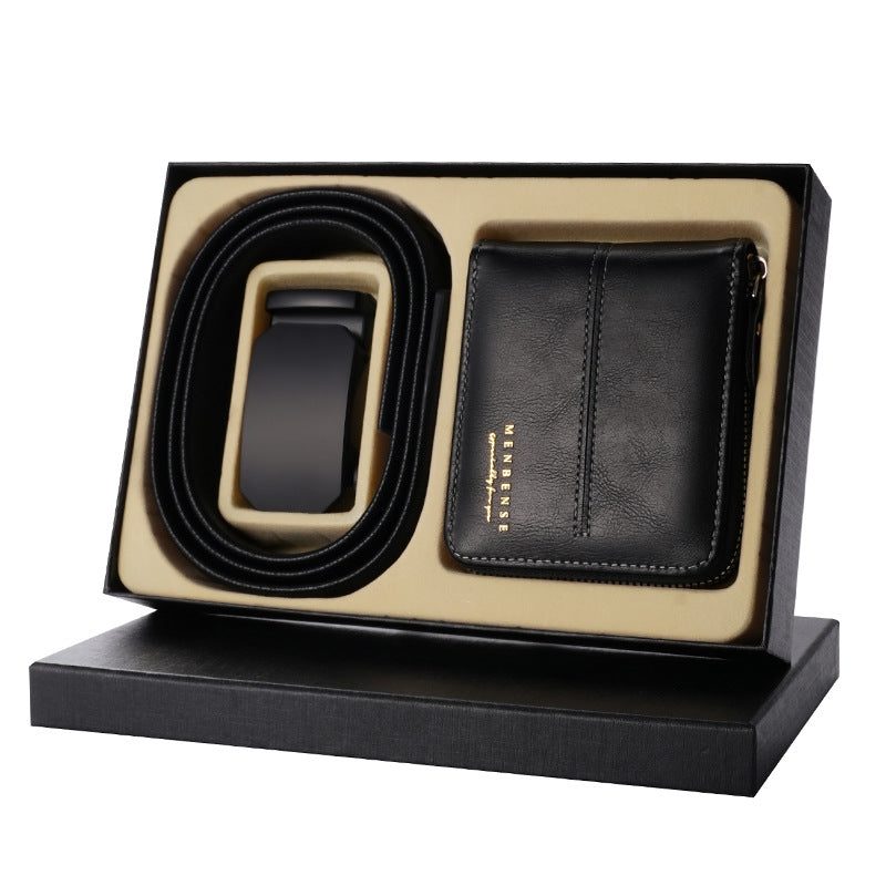Men Leather Belt Wallet Set Black Automatic Buckle Gift Box