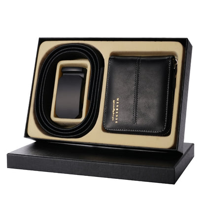 Men Leather Belt Wallet Set Black Automatic Buckle Gift Box