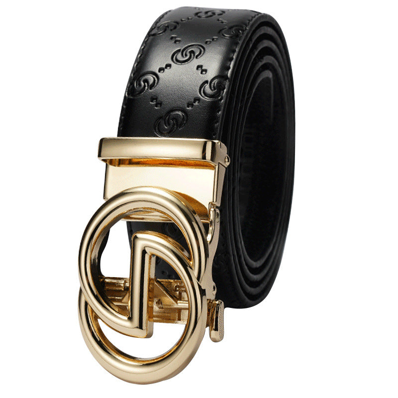 Men Black Leather Belt with Gold Automatic Buckle