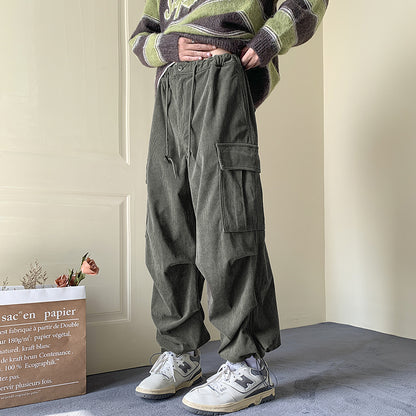 Men Corduroy Pants M-Green Loose Fit Autumn