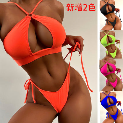 Solid Orange Hollow-Out Split Swim Suit for Women
