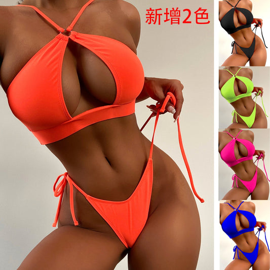 Solid Orange Hollow-Out Split Swim Suit for Women