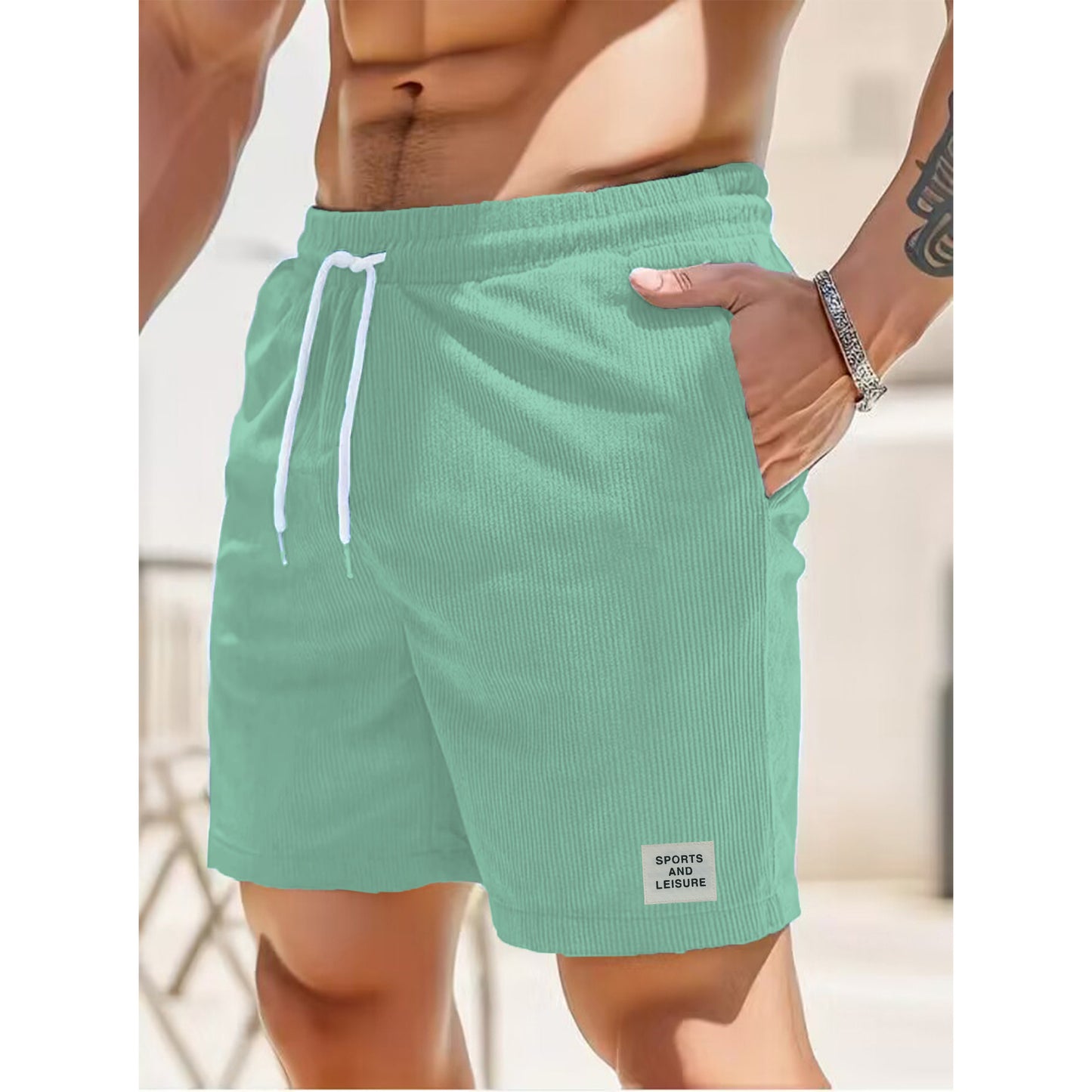 Men Corduroy Shorts S-Blue Summer Casual Sports