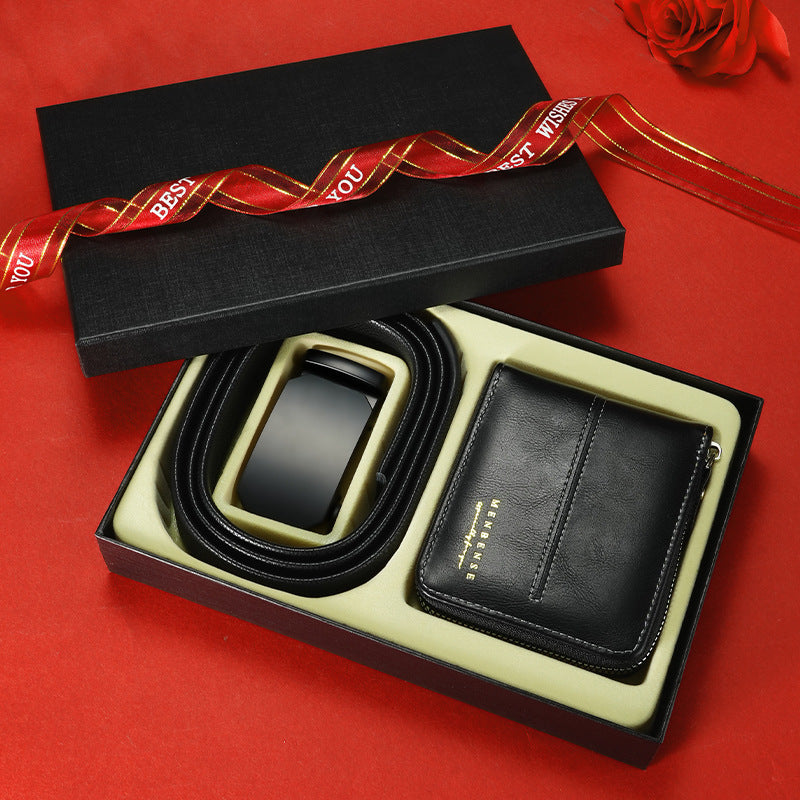 Men Leather Belt Wallet Set Black Automatic Buckle Gift Box