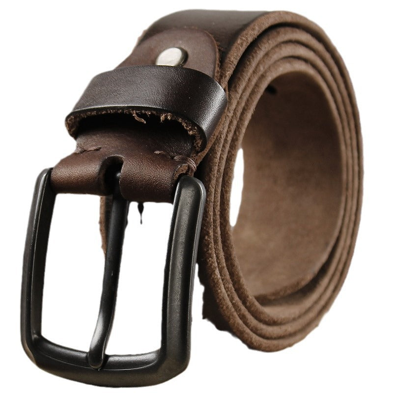 Men's Khaki Leather Belt with Retro Pin Buckle