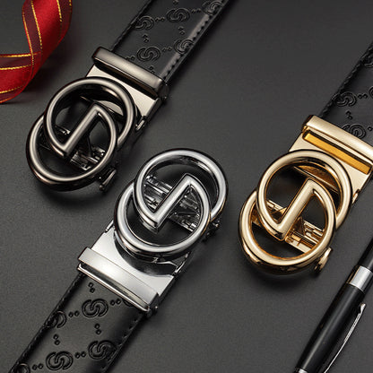 Men Black Leather Belt with Gold Automatic Buckle