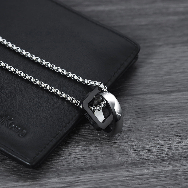 Men Double Ring Titanium Steel Necklace Silver Chain 60cm