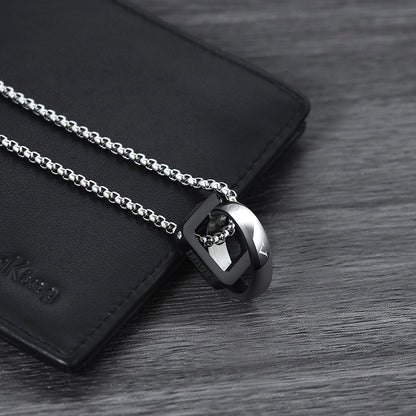 Men Double Ring Titanium Steel Necklace Silver Chain 60cm