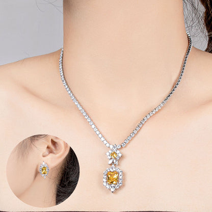 Zircon Necklace & Earrings Set Champagne Gold Bridal Wear