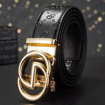 Men Black Leather Belt with Gold Automatic Buckle