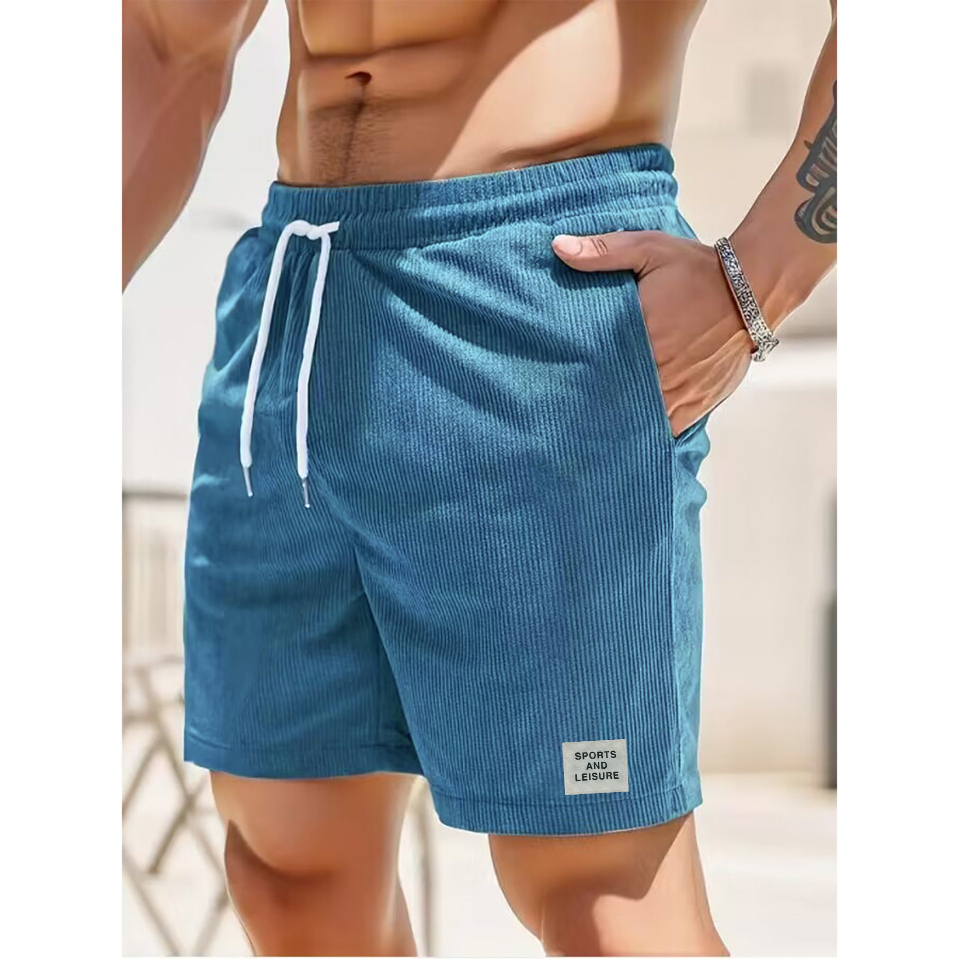 Men Corduroy Shorts S-Blue Summer Casual Sports