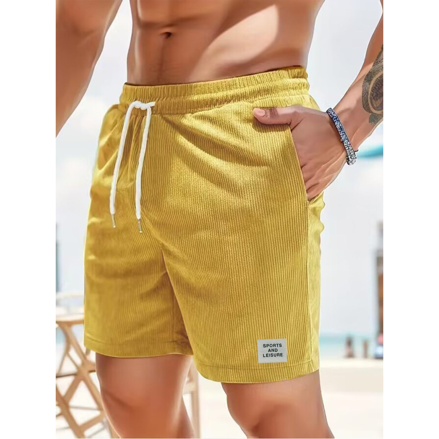 Men Corduroy Shorts S-Blue Summer Casual Sports