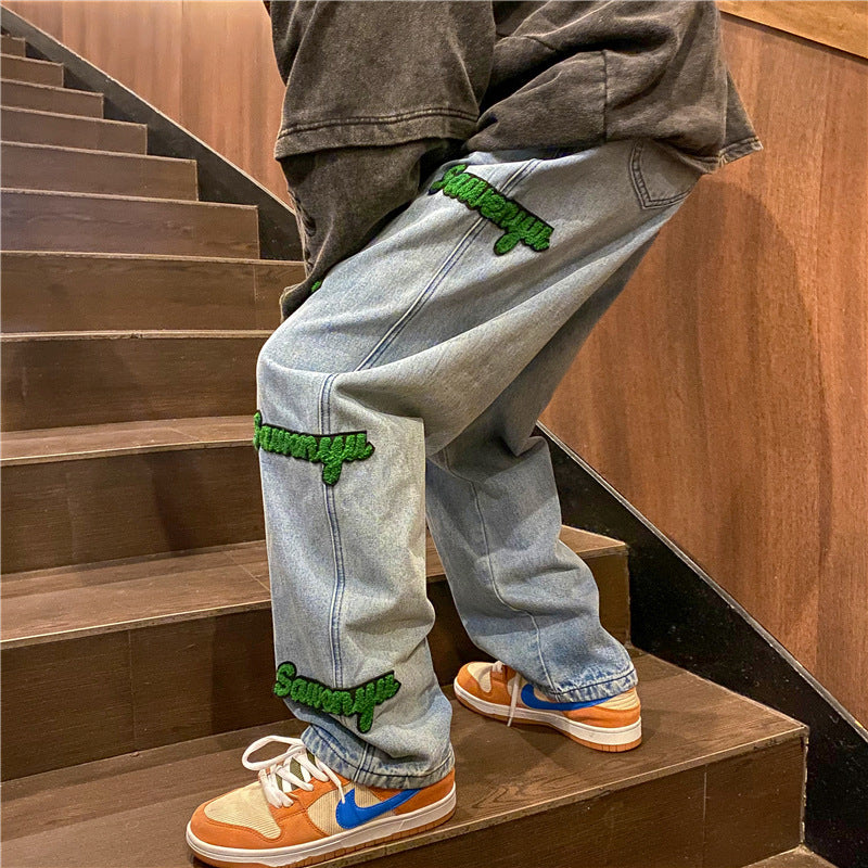 Men Embroidered Washed Vintage Jeans Straight Fit