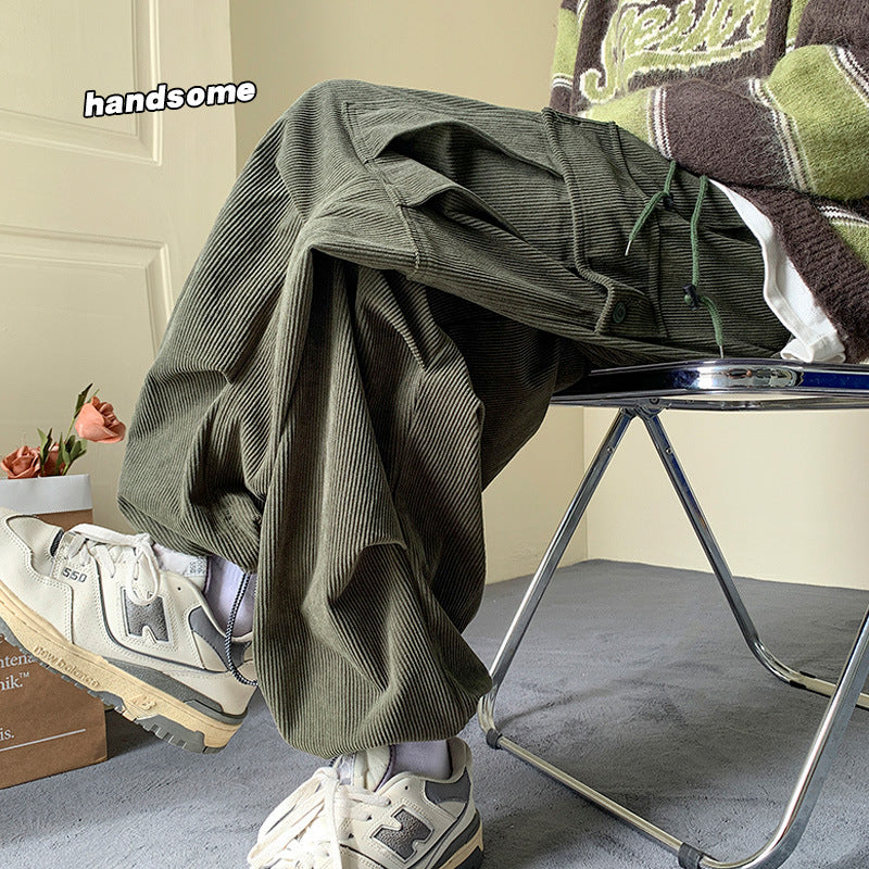 Men Corduroy Pants M-Green Loose Fit Autumn