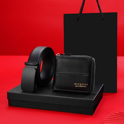 Men Leather Belt Wallet Set Black Automatic Buckle Gift Box