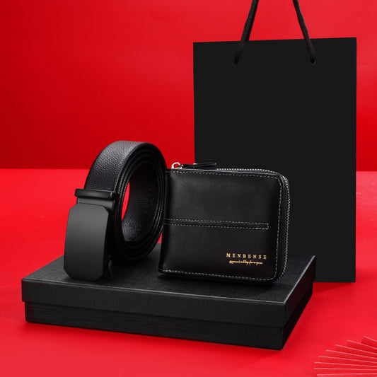 Men Leather Belt Wallet Set Black Automatic Buckle Gift Box