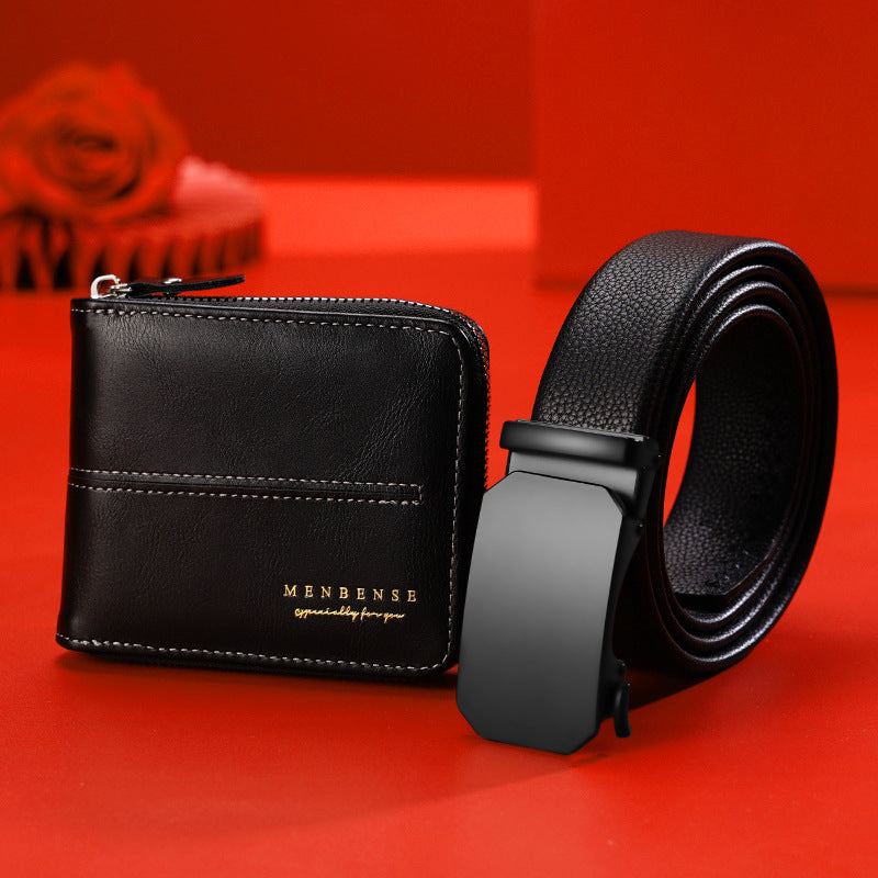Men Leather Belt Wallet Set Black Automatic Buckle Gift Box