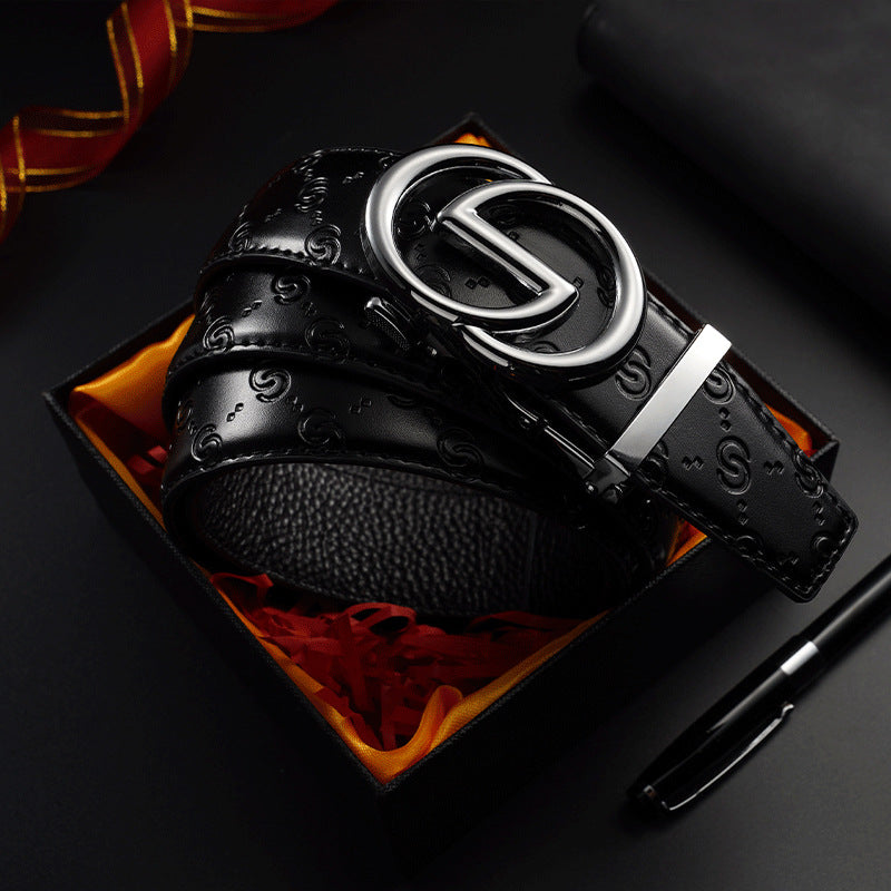 Men Black Leather Belt with Gold Automatic Buckle