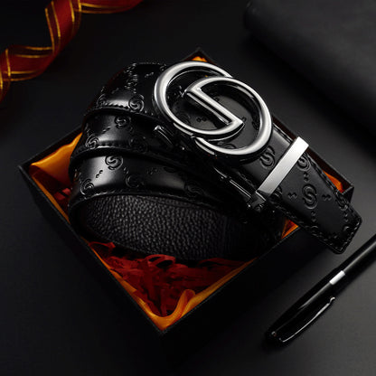 Men Black Leather Belt with Gold Automatic Buckle