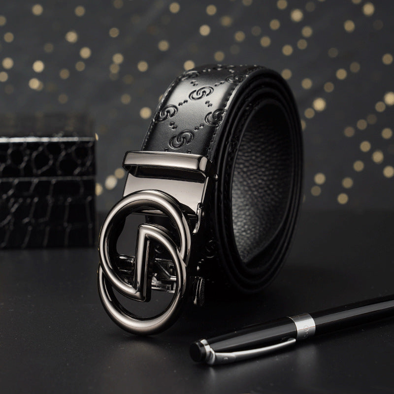 Men Black Leather Belt with Gold Automatic Buckle