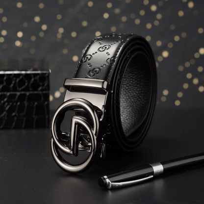 Men Black Leather Belt with Gold Automatic Buckle