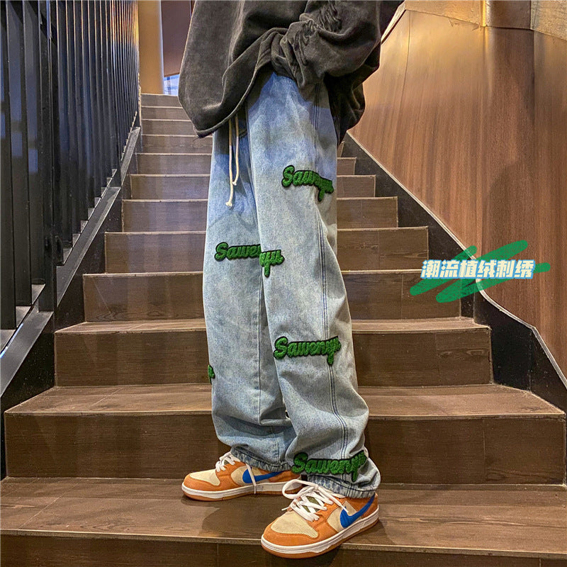 Men Embroidered Washed Vintage Jeans Straight Fit