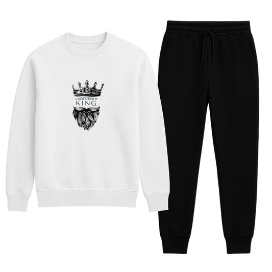 KING Printed White Tracksuit Sweatshirt & Trouser | Warm & Comfortable Winter Wear | Large