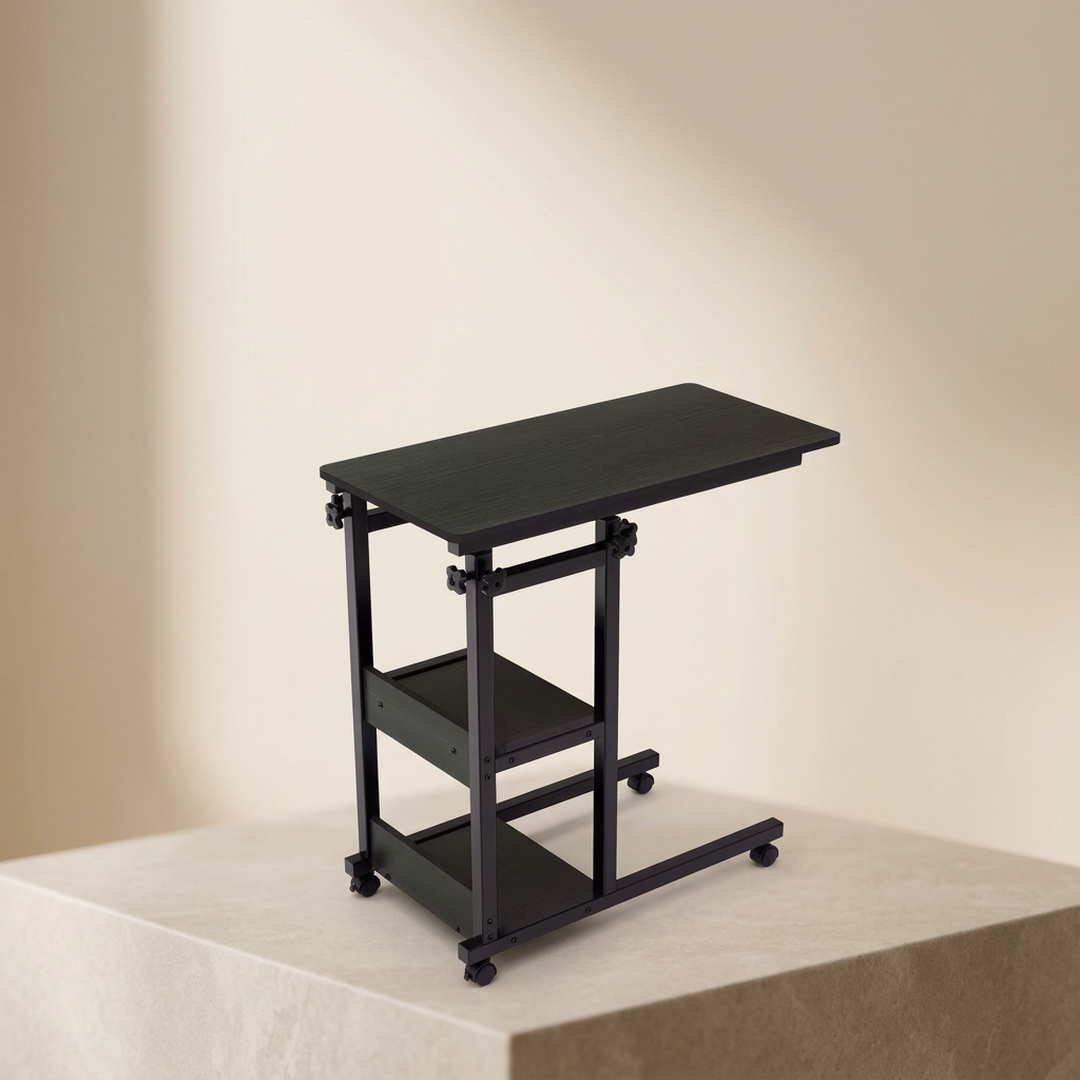 Adjustable Black Laptop Table with Wheels & Two Shelf