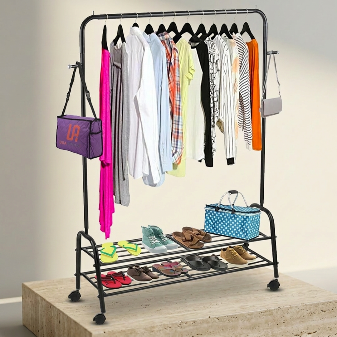 Black Iron Wardrobe Organizer with Wheels & Shoe Rack