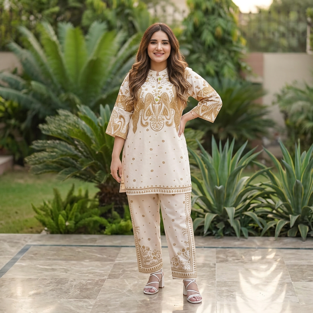 Pakistani Women's Cream Embroidered Kurta Pajama Set