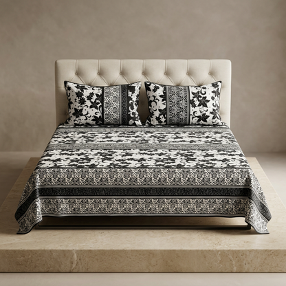 Crystal Cotton Double Bedsheet Set Black Floral Pakistan