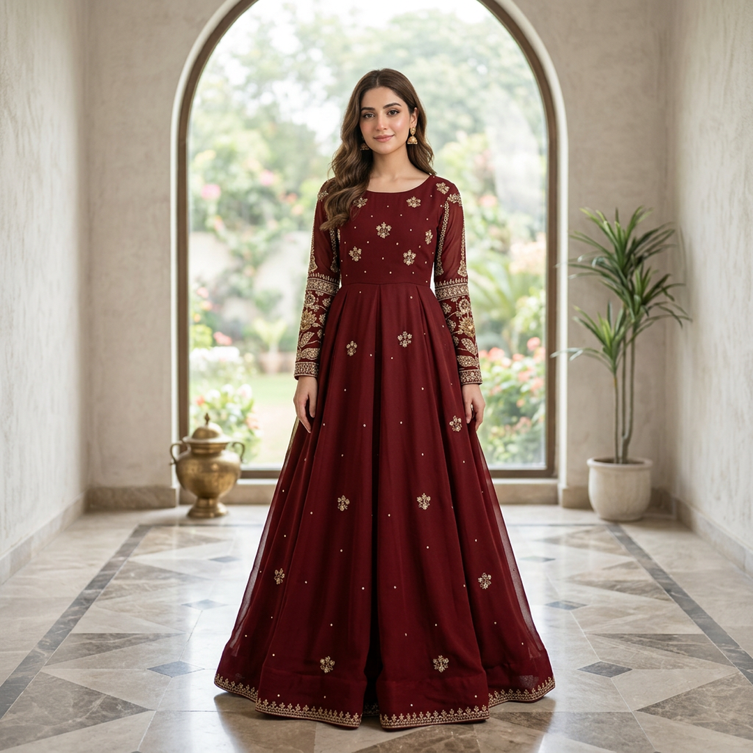 Maroon Chiffon Embroidered Maxi Set for Eid Weddings