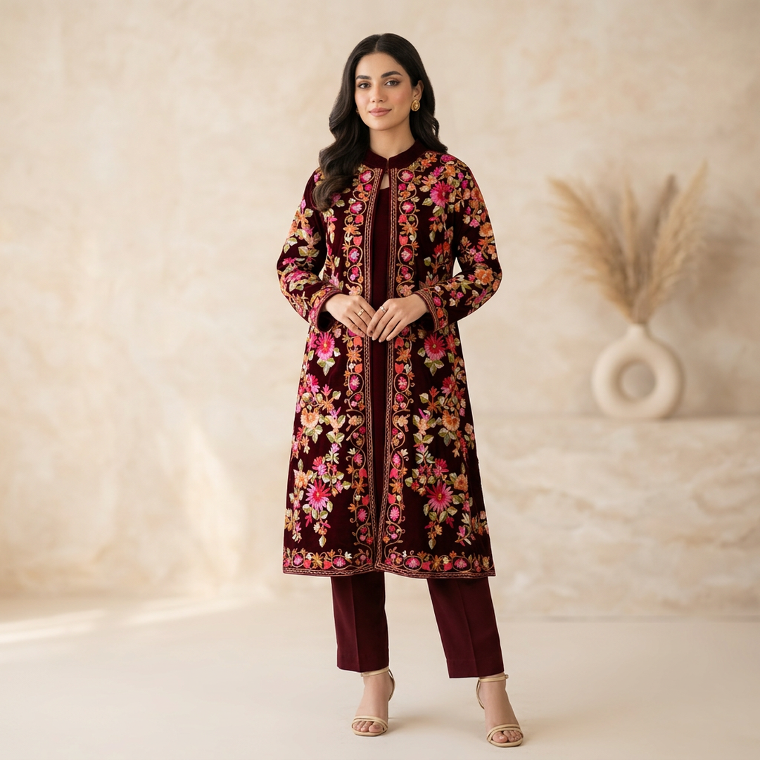 Maroon Embroidered Shamoz Silk Gown Set for Women