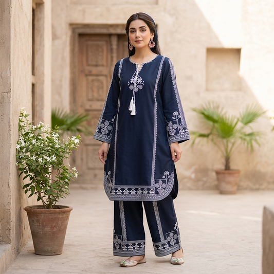 Blue Aari Embroidered Women's 3Pcs Suit Set