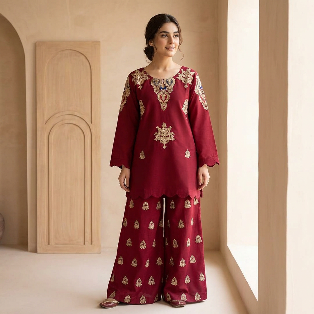 Cotton Embroidered Shirt & Flapper Set Maroon 2Pcs