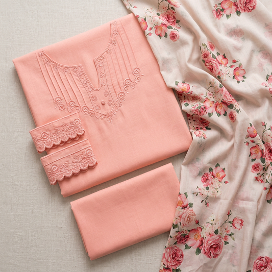 Peach Embroidered Lawn 3Pcs Set