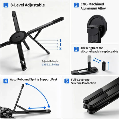 3-in-1 Magnetic Foldable  Stand |Model K001 | Aluminum Alloy Phone laptop & Tablet Holder | 8-Level Adjustable Height | 360° Rotating Base | Portable Travel Stand